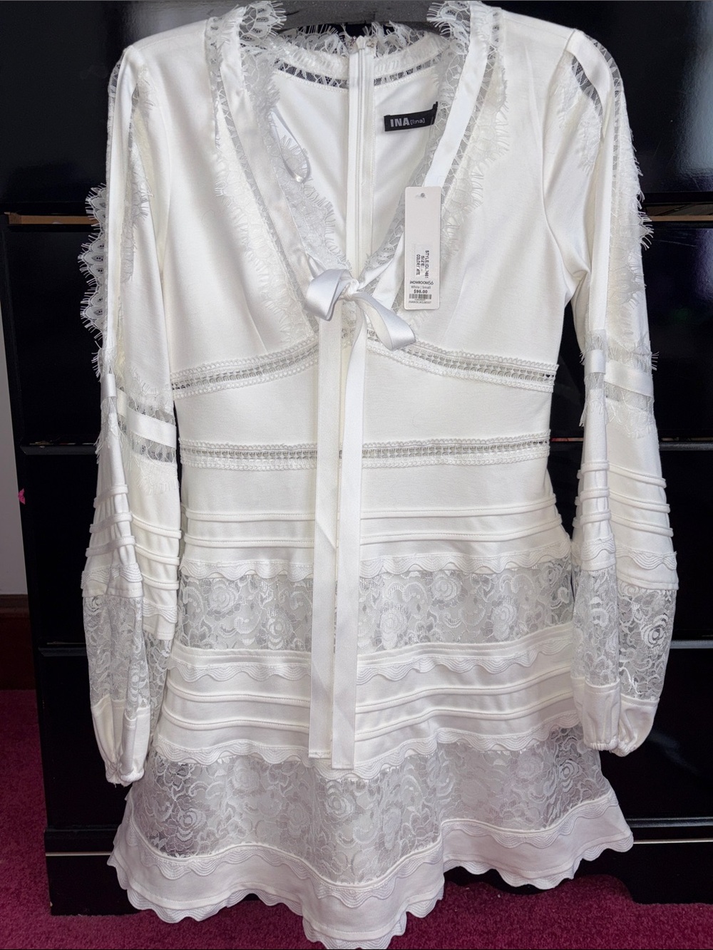 Ina White Lace Ribbon-Front Mini Dress